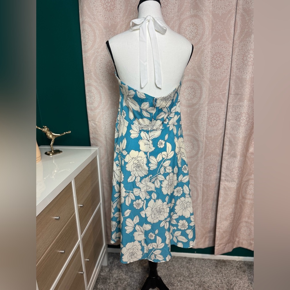 Unique Vintage Retro Blue White Hawaiian Floral A-Line Halter Dress Size XL 14. - Picture 5 of 11